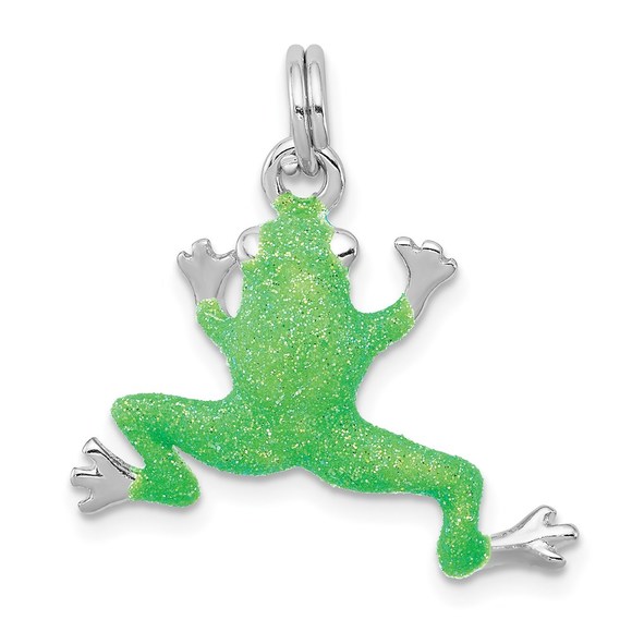 925 Sterling Silver Rhodium-plated Green Enamel Frog Bracelet or Necklace Charm - Picture 1 of 4